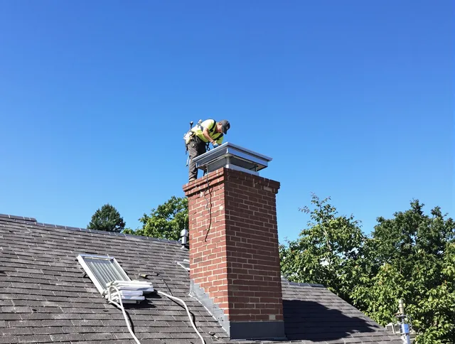 Cromwell Chimney Sweep technician measuring a chimney cap in Cromwell, CT