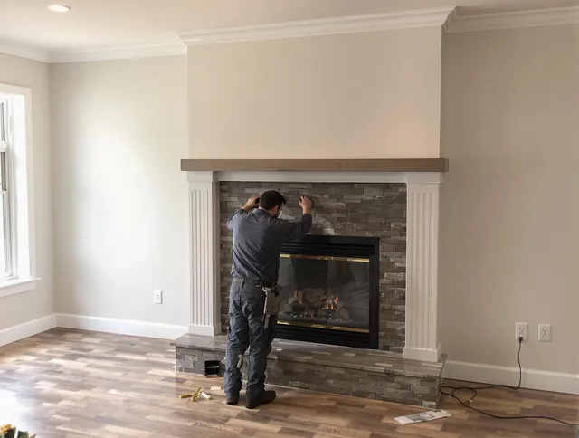 Cromwell Chimney Sweep finishing a custom fireplace install in Cromwell, CT